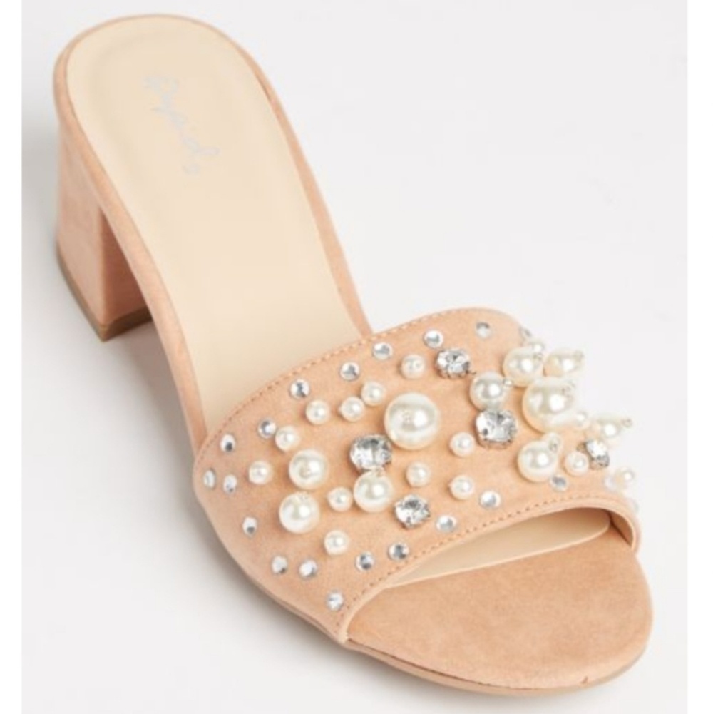 Light Pink Pearl Faux Suede Mules - Picture 2 of 8